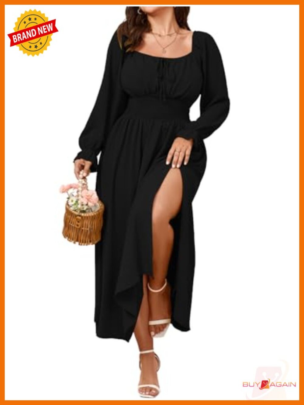 SHESTARR Women's Plus Size Milkmaid Dress Long Sleeve Square Neck Smocked